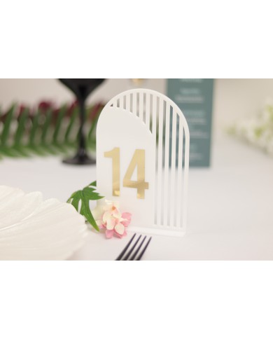 Set Numere de Masă Plexiglas Semioval Asimetric, de la 1 la 20, Eleganță Modernă pentru Evenimente, Nuntă, Botez, Alb Gold
