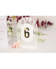 Set Numere de Masă Plexiglas Semioval Simetric, de la 1 la 20, Accesorii pentru Evenimente, Nuntă, Botez, Alb Gold