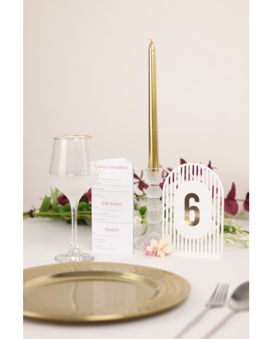 Set Numere de Masă Plexiglas Semioval Simetric, de la 1 la 20, Accesorii pentru Evenimente, Nuntă, Botez, Alb Gold