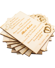 Set Invitatii Botez sau Nunta deosebite, din lemn, gravura laser, 10 bucati