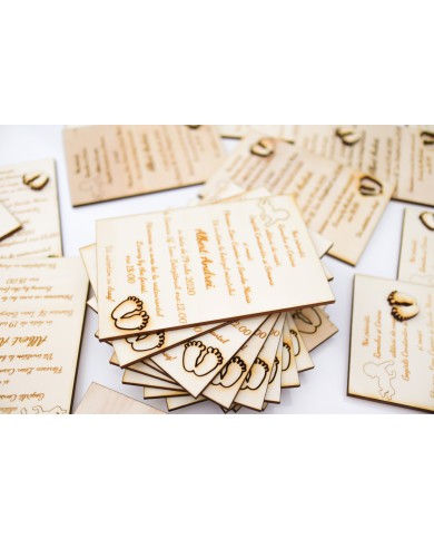 Set Invitatii Botez sau Nunta deosebite, din lemn, gravura laser, 10 bucati