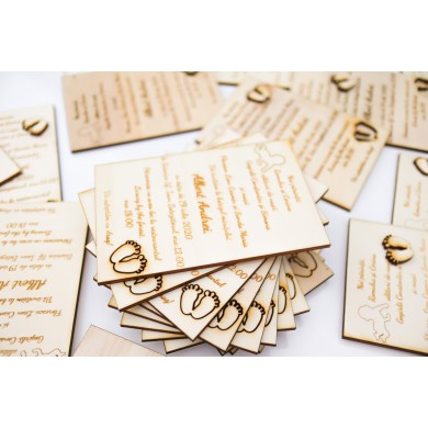 Set Invitatii Botez sau Nunta deosebite, din lemn, gravura laser, 10 bucati