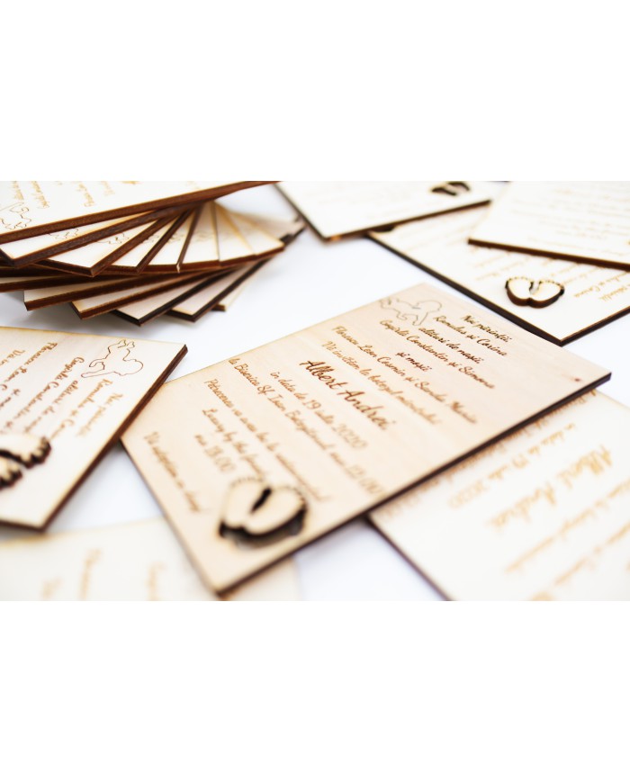 Set Invitatii Botez sau Nunta deosebite, din lemn, gravura laser, 10 bucati