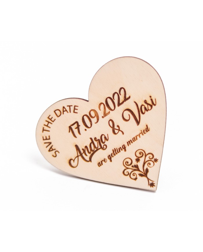 Invitatie tip Save the Date pentru a anunta data nuntii, din lemn, gravata pe laser, set de 10