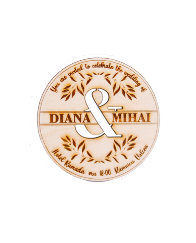 Invitatie Nunta Magnetica, din lemn, gravata pe laser, set de 10