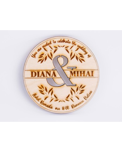 Invitatie Nunta Magnetica, din lemn, gravata pe laser, set de 10