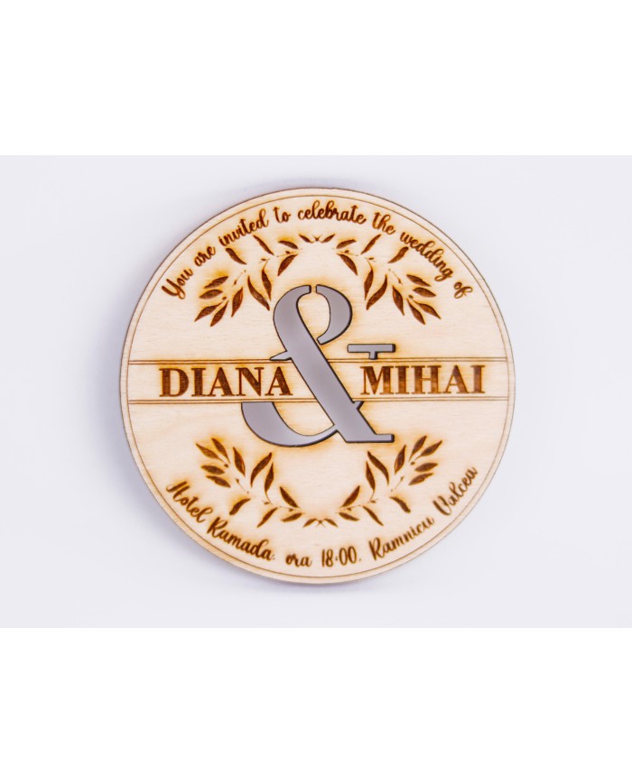 Invitatie Nunta Magnetica, din lemn, gravata pe laser, set de 10