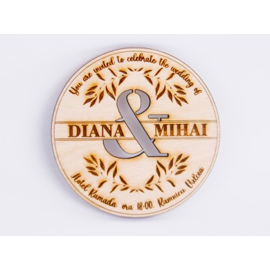 Invitatie Nunta Magnetica, din lemn, gravata pe laser, set de 10
