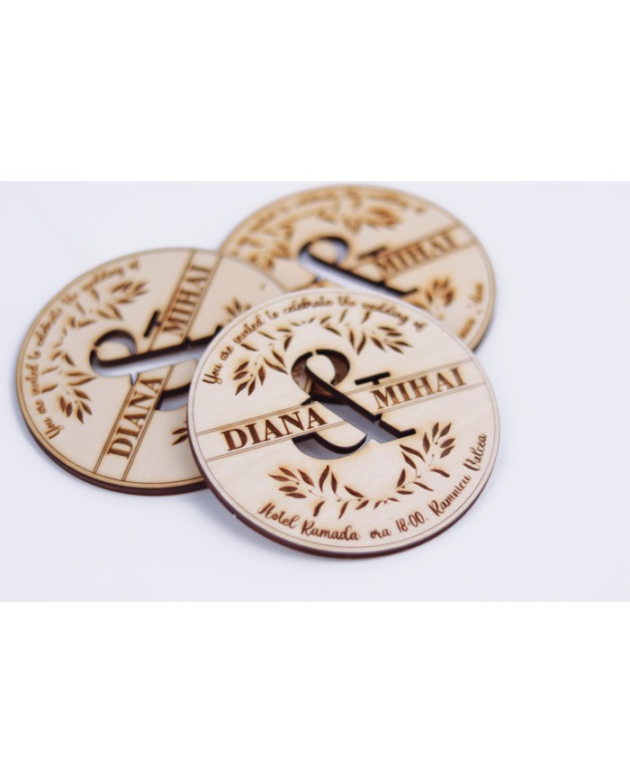 Invitatie Nunta Magnetica, din lemn, gravata pe laser, set de 10